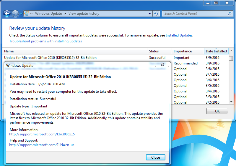 Bad Microsoft Update 3085515 KB3085515