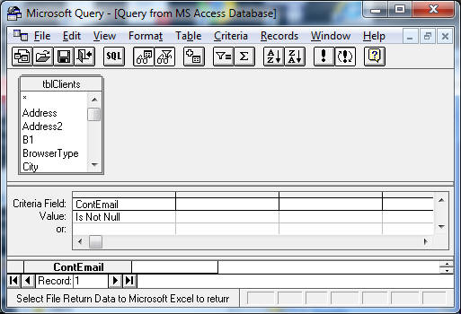 sql query for excel