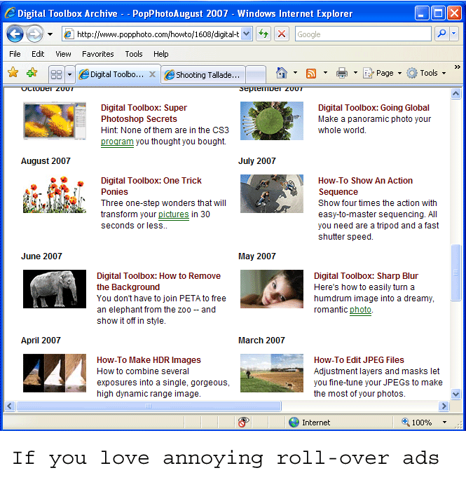 Example of roll over pop up ads on the web