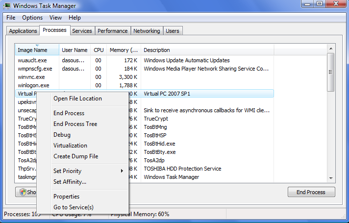 Task Manager Process Menu