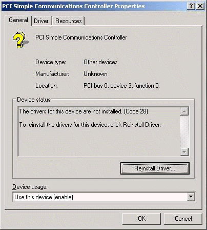 code 28 pci simple communications controller