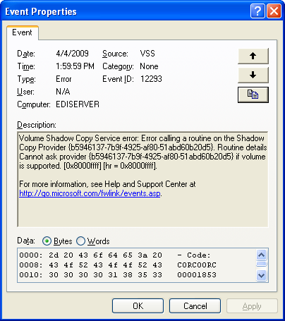 VSS Volume Shadow Copy Event ID: 12293