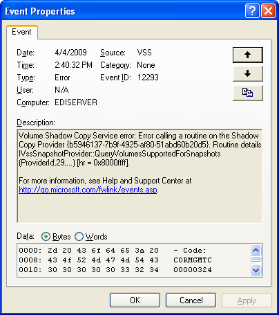 VSS Volume Shadow Copy Event ID: 12293